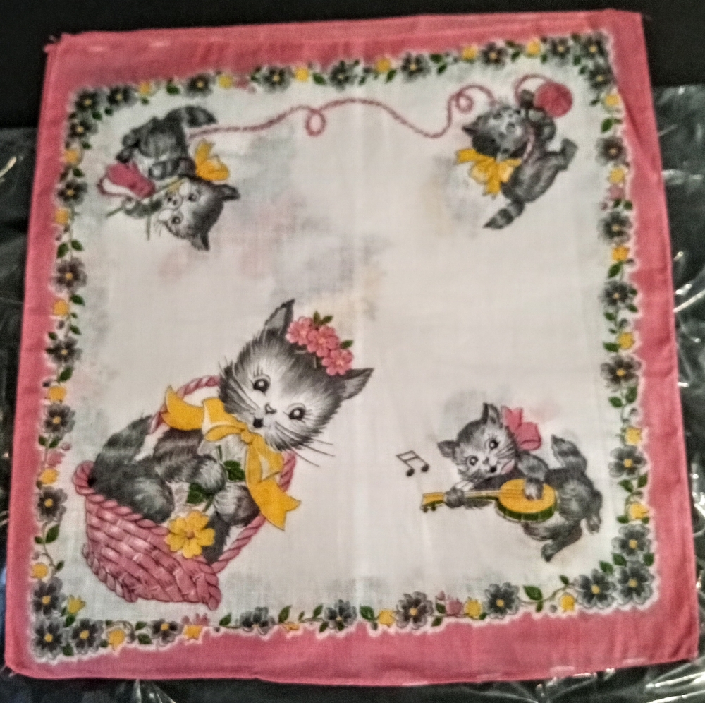 VTG NEW Never Used Crisp AnpromorphicPlayful Grey Kitty Pink White Hanky 50s/60s - Picture 11 of 12